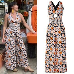 Temperley London Crochet Print Cutout Wide Leg Jumpsuit Size 4 Multicolor